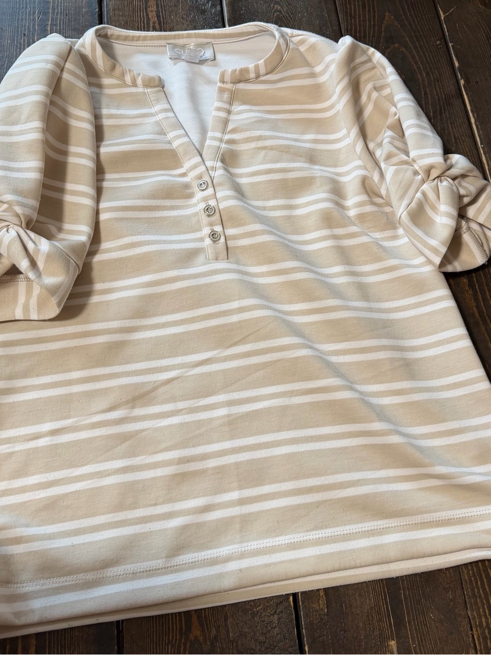Cupio Beige and White Striped Henley Top
